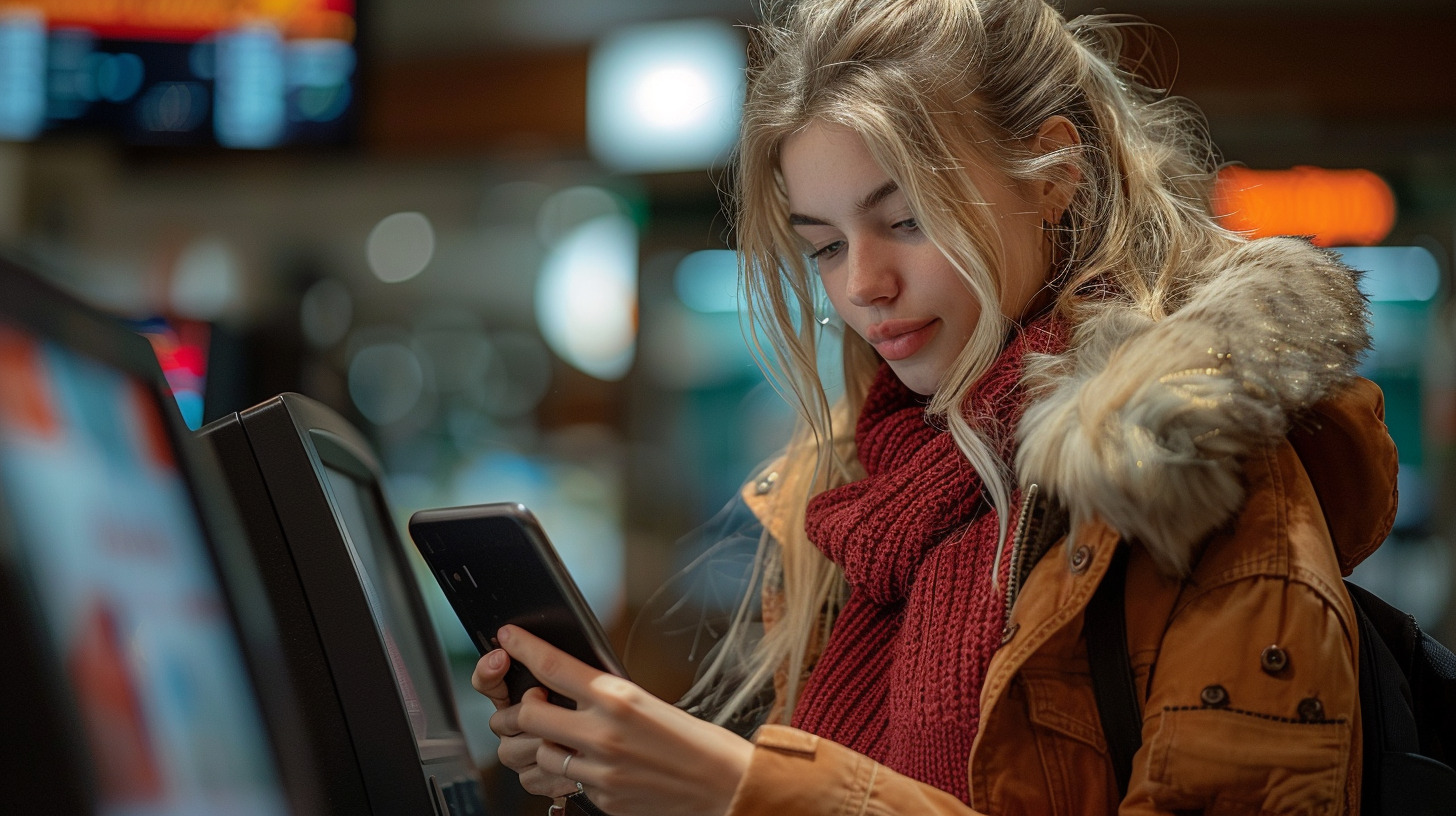 The girl is registering with her smartphone